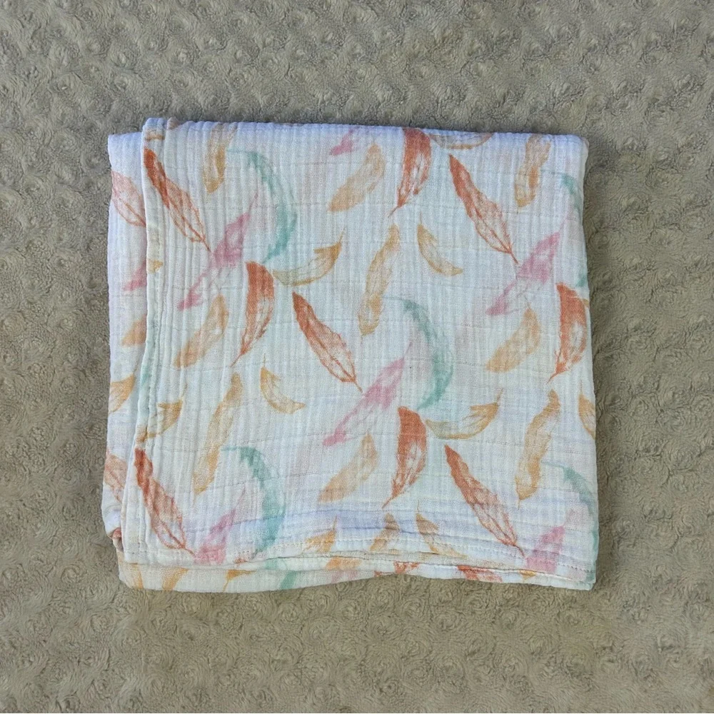 Aden + Anais Orange Feathers Baby Swaddle Blanket White Muslin Pink Blue Boho